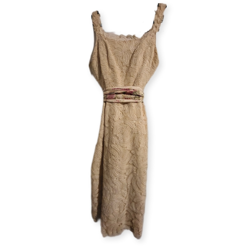 1950s Vintage Handmade Lace Wiggle Dress | Champagne Cream Midi S